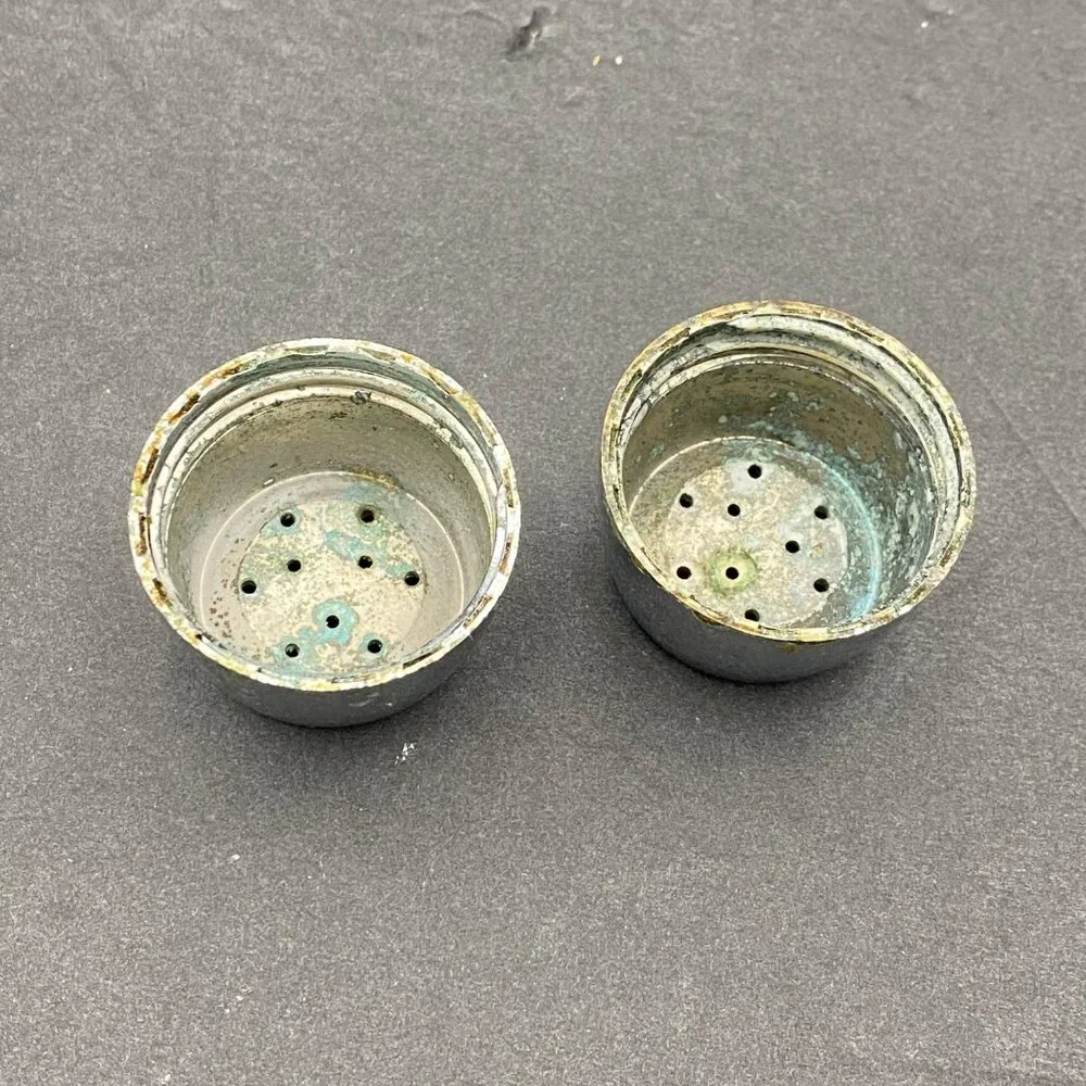 Vintage Crystal‎ Salt & Pepper Shakers With Chrome Tops Starburst Pattern MCM